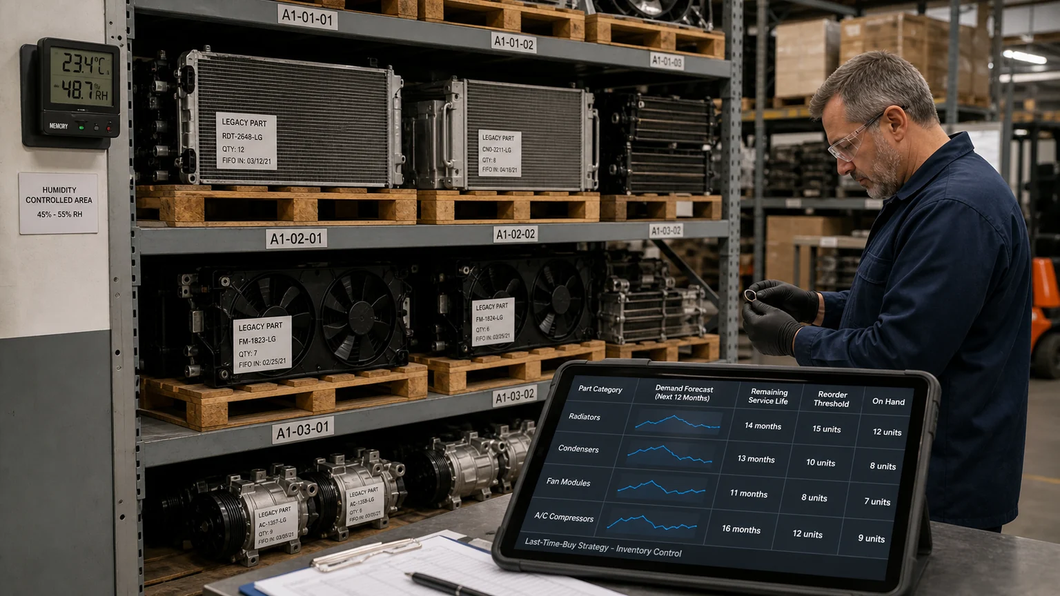Controlled legacy cooling-parts inventory with demand forecast and service-life tracking