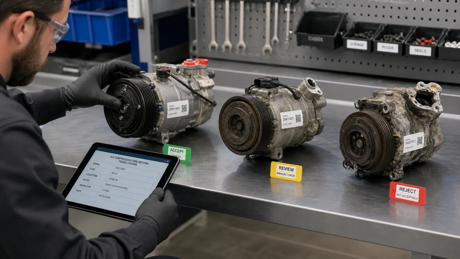 Automotive AC compressor core returns graded accept review and reject