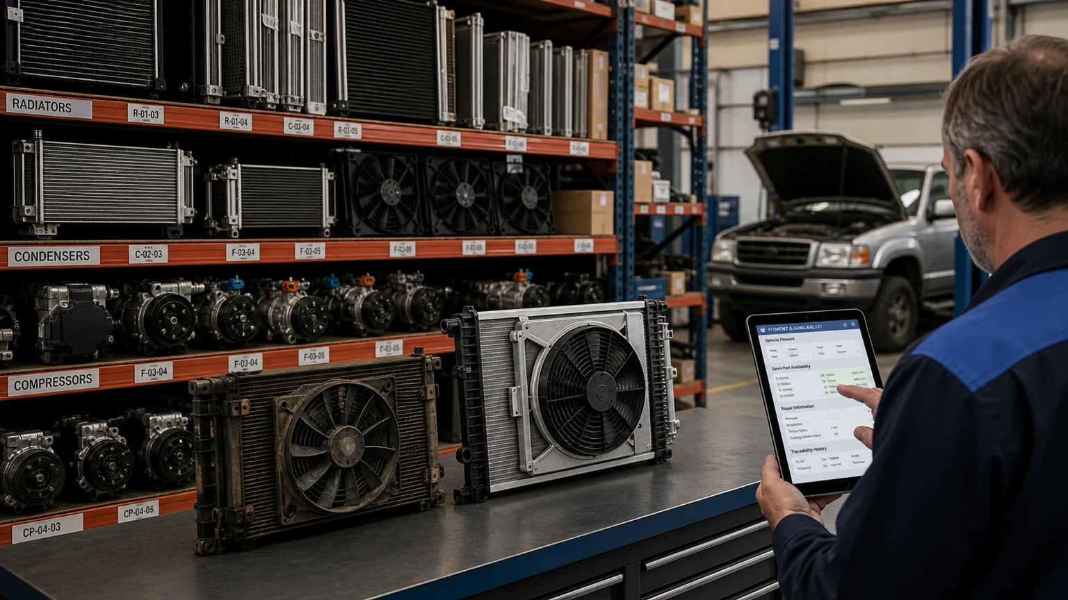 Cooling-parts warehouse linking replacement availability fitment data and repair information