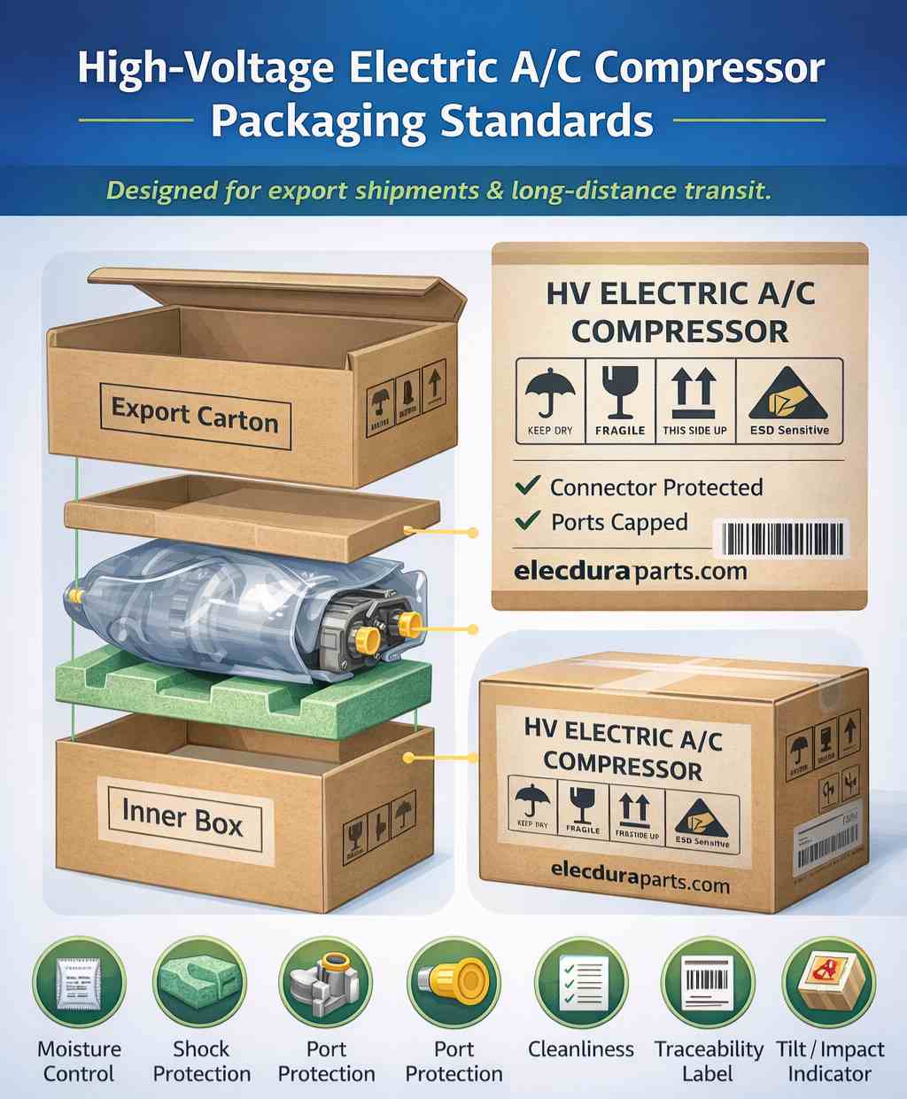 Elecdura export packaging standards for high-voltage electric A/C compressors: inner box, foam protection, capped ports