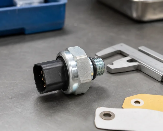 Automotive A/C pressure switch connector pins and threaded port close-up for supplier verification