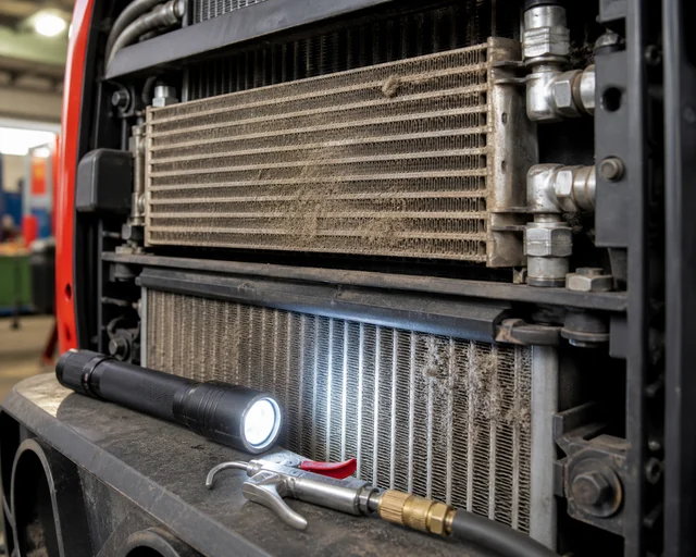 Dust-blocked agricultural cooling stack showing hydraulic oil cooler airflow restriction