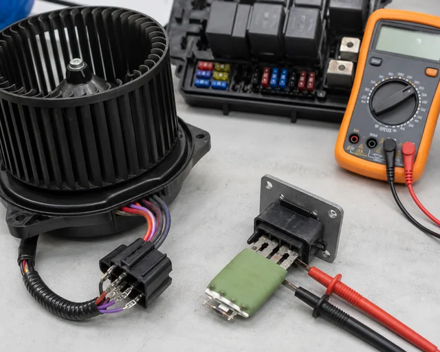 Blower motor resistor current path test with pigtail, blower wheel, fuse box, and multimeter
