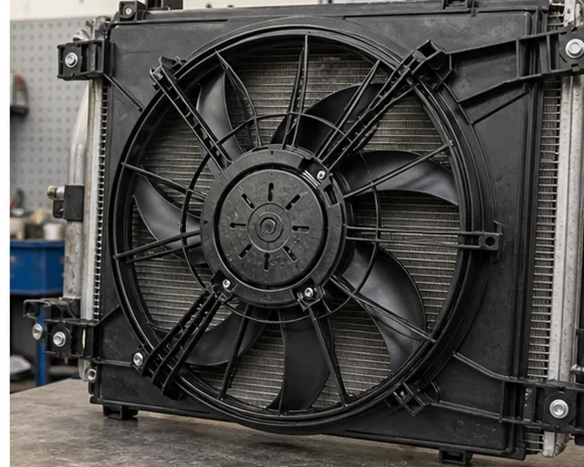 Automotive AC condenser fan assembly close-up mounted in front of a condenser core
