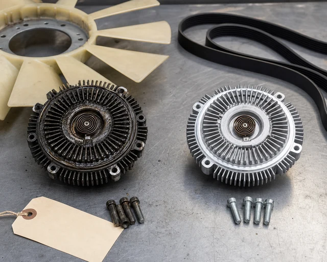 Old oily fan clutch compared with clean replacement fan clutch and mounting bolts