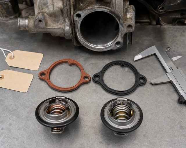 Thermostat and gasket fitment mismatch checked against housing opening with calipers