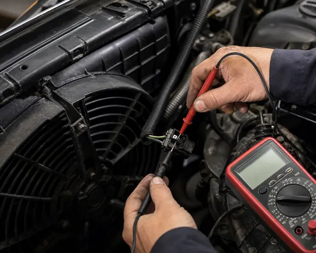 Technician measuring voltage drop at a radiator fan connector in the engine bay