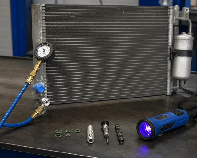 Kondenz&aacute;tor AC pro těžk&eacute; n&aacute;kladn&iacute; automobily připraven&yacute; pro testov&aacute;n&iacute; těsnosti s manometrem, uzavřen&yacute;mi porty, O-kroužky a UV kontroln&iacute;m světlem