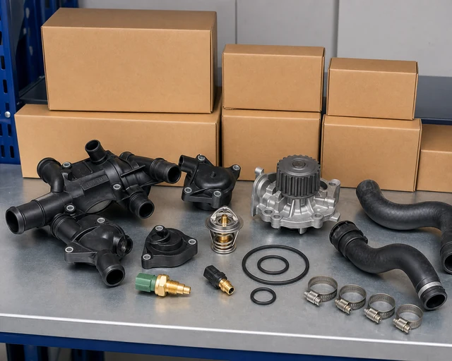 Thermostat housing cooling system stock program with housings, water pump, sensor, seals, hoses, clamps, and packaging