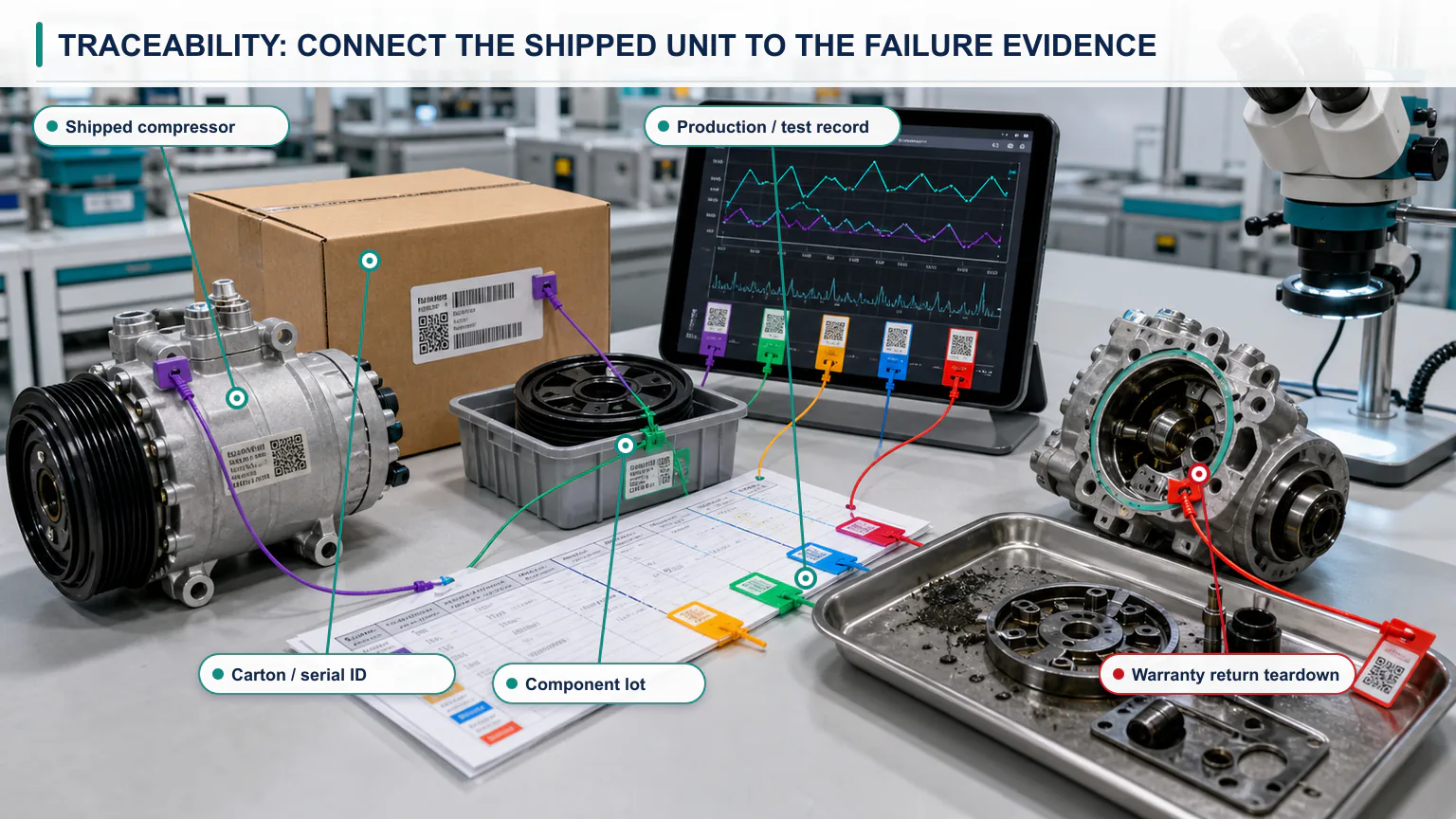 Automotive AC compressor traceability chain from material lot and production batch through test record, carton serial ID and warranty return