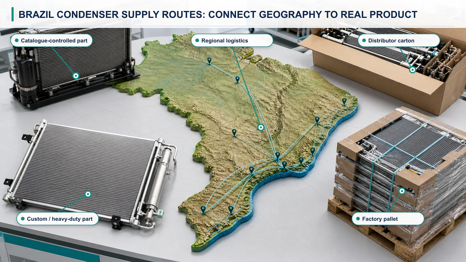 Brazil automotive AC condenser supplier channel map comparing global brand, local manufacturer, distributor and direct factory routes