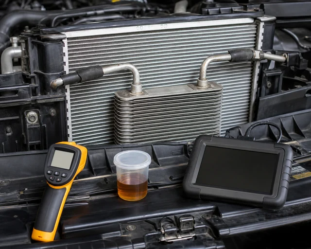 Engine oil cooler temperature diagnosis with infrared thermometer, scan tool, and oil sample