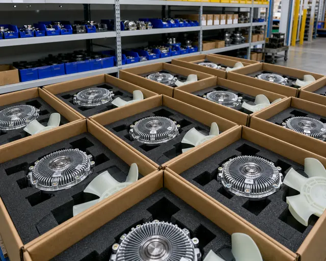 Fan clutches and matching fans packed for export order inspection