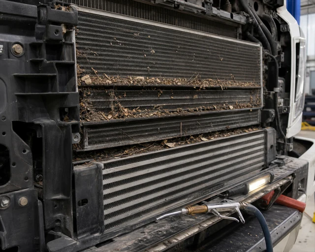 Debris trapped between heavy-duty cooling stack heat exchanger layers