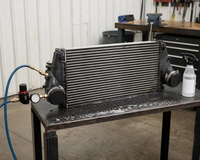 Charge air cooler pressure test setup with capped ports, regulator, and soap solution