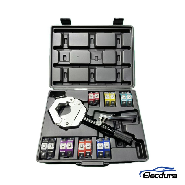Handheld hydraulic A/C hose crimping tool kit for bulk automotive repair tool supply