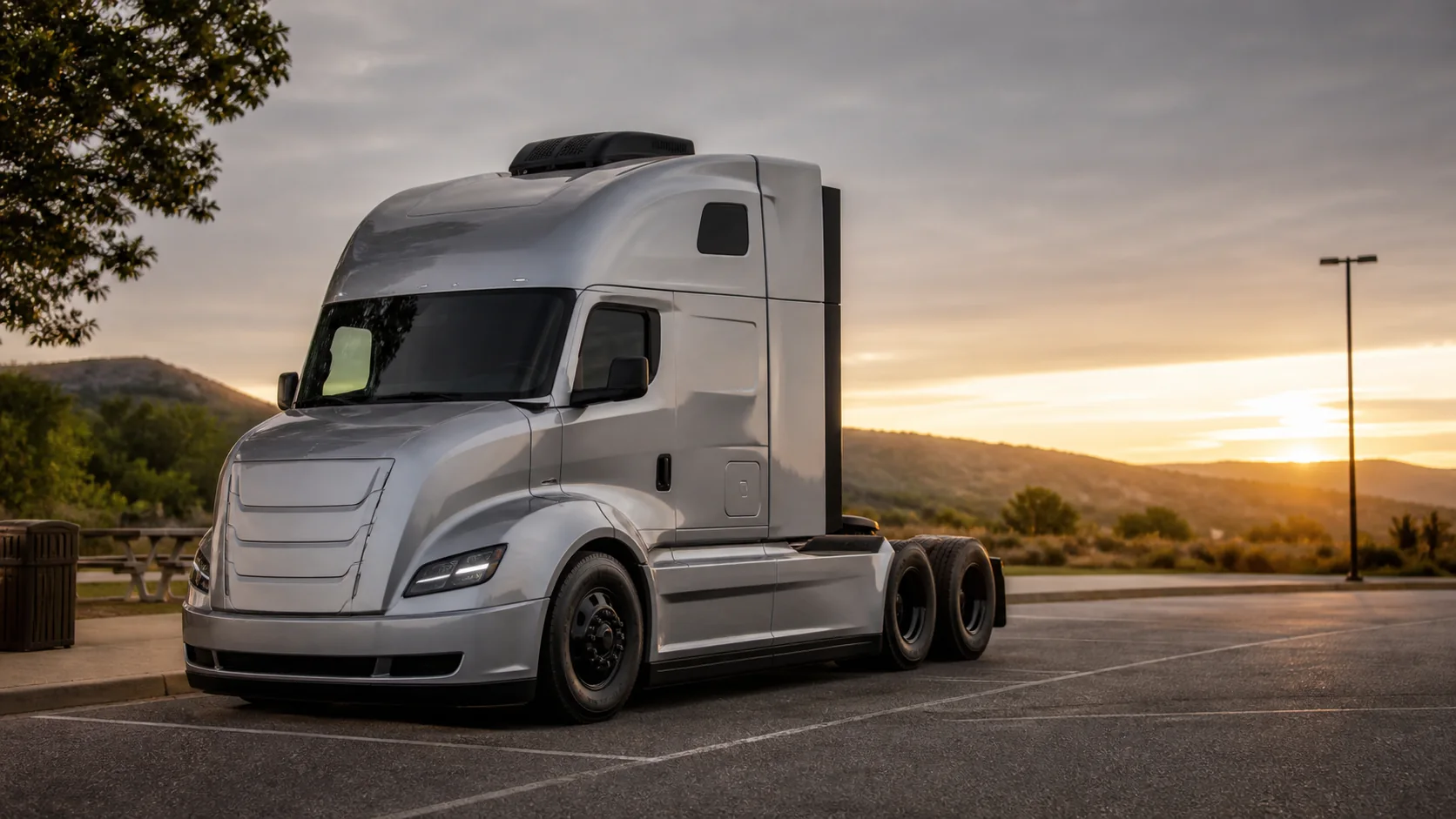 Sleeper truck parked with engine off and rooftop auxiliary cooling unit