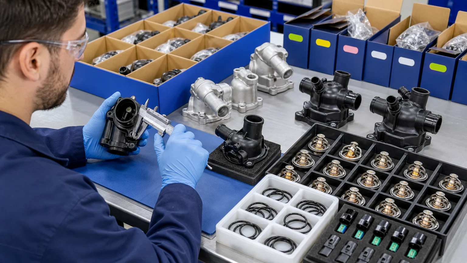Automotive thermostat receiving inspection with housings, wax valves, O-rings, connectors, batch labels and protected cartons