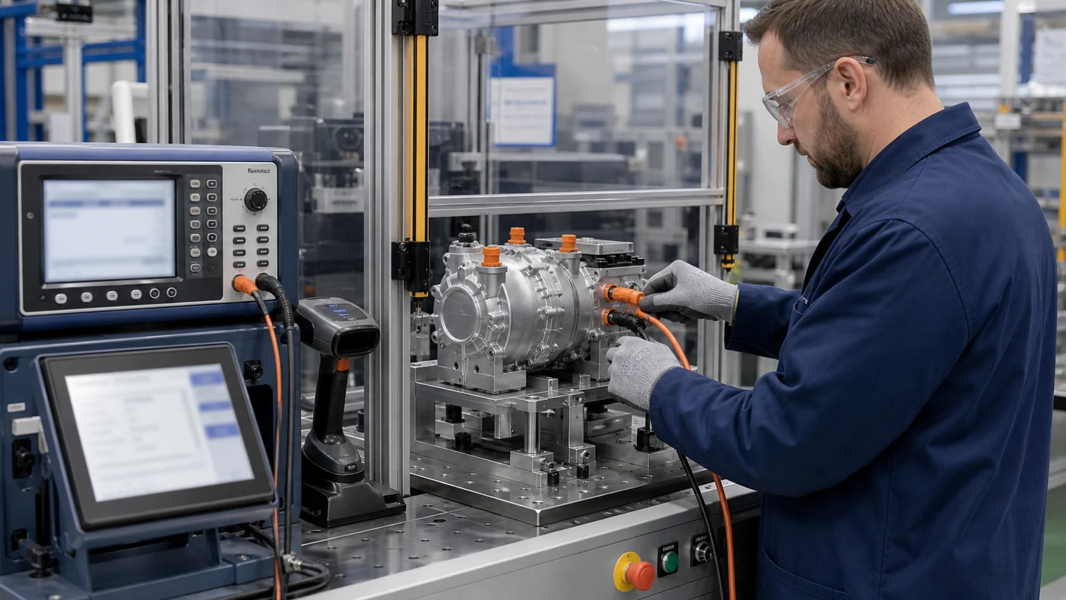 Compresseur &eacute;lectrique CA haute tension hors tension dans un dispositif de test d'isolation d'usine gard&eacute; avec c&acirc;bles borne-bo&icirc;tier et enregistrement de test tra&ccedil;able