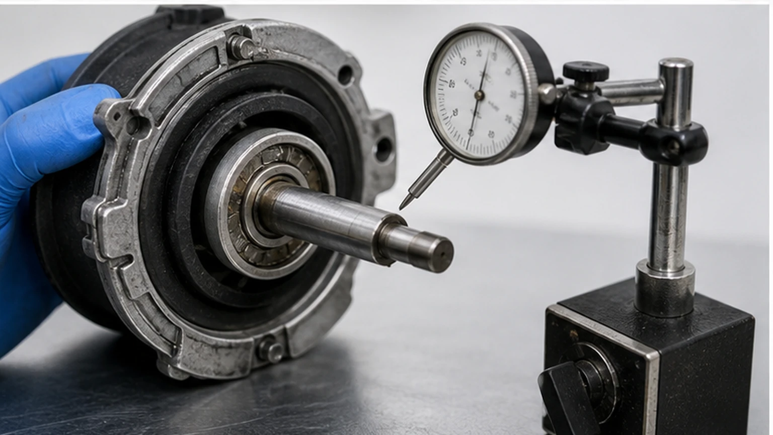 Cooling fan motor bearing and shaft checked for radial and axial play with a dial indicator