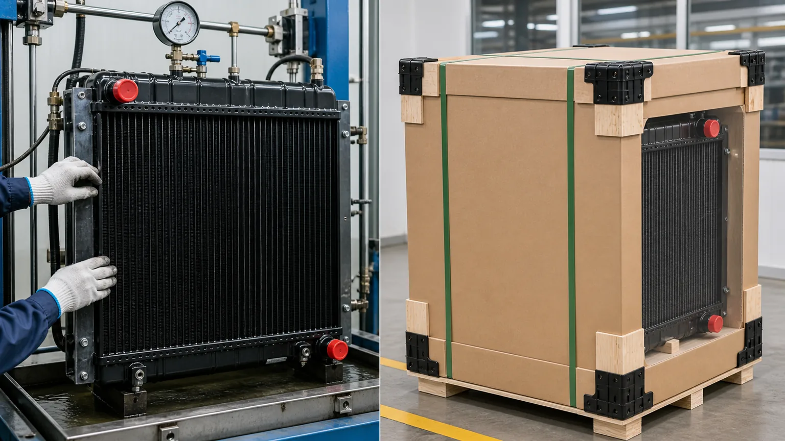Heavy-duty radiator leak test and export packaging inspection with protected fins and ports