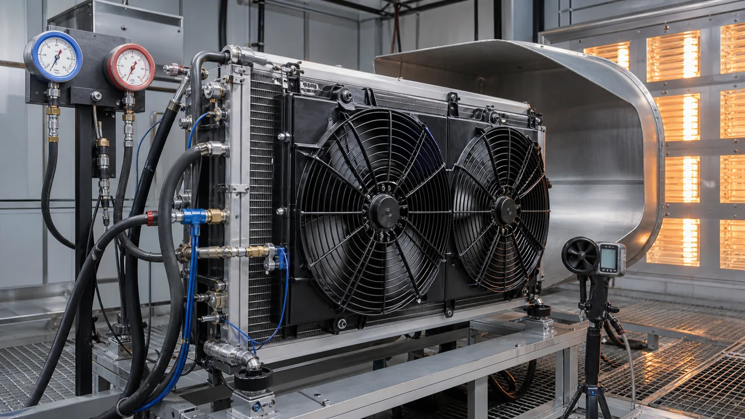 Truck and bus air conditioning condenser fan undergoing controlled high-ambient idle validation with pressure and temperature instruments