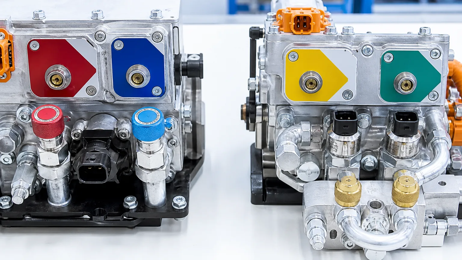 Close-up comparison of EV refrigerant labels, service fittings, pressure sensors, and keyed electrical connectors