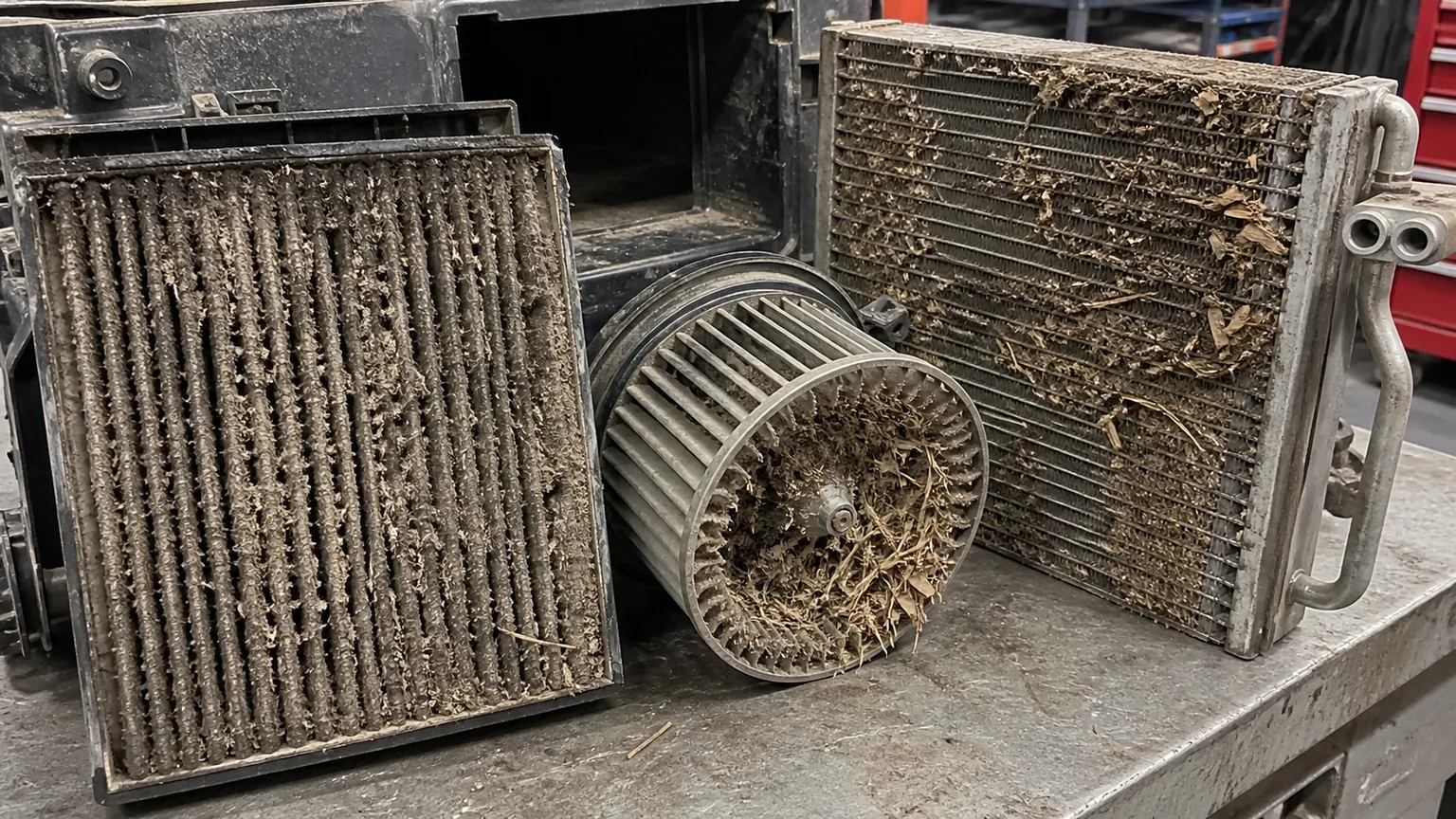 Heavy equipment cab filter blower wheel and evaporator coil blocked by dust and chaff