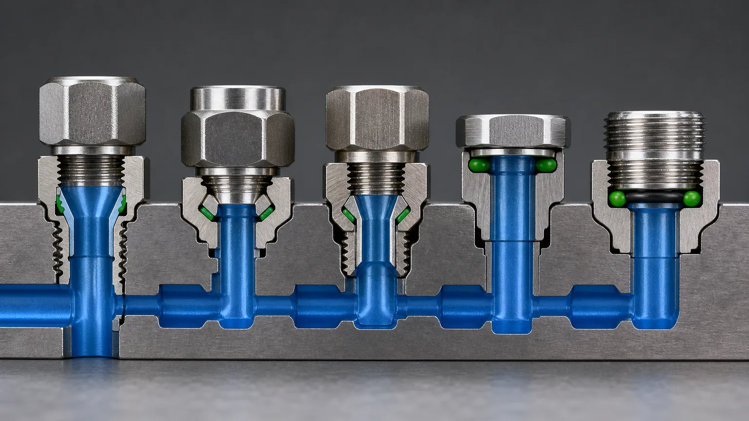 Cross section comparison of tapered thread flare cone face O-ring and boss O-ring sealing locations