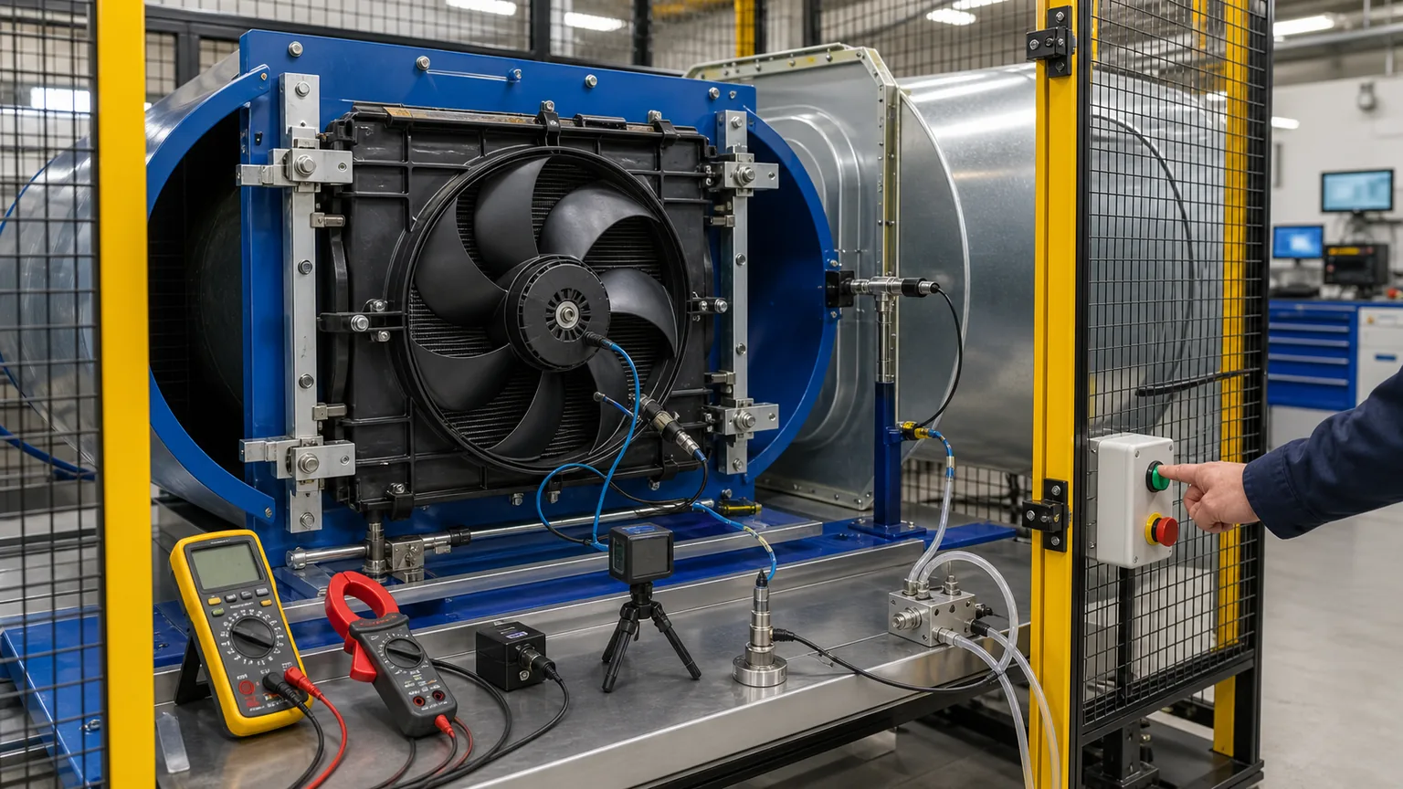 Guarded radiator fan incoming test measuring voltage, current, speed, vibration, and airflow