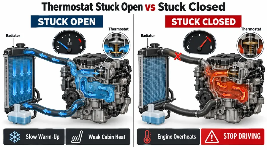 Termostat perbandingan aliran pendingin terbuka versus macet tertutup