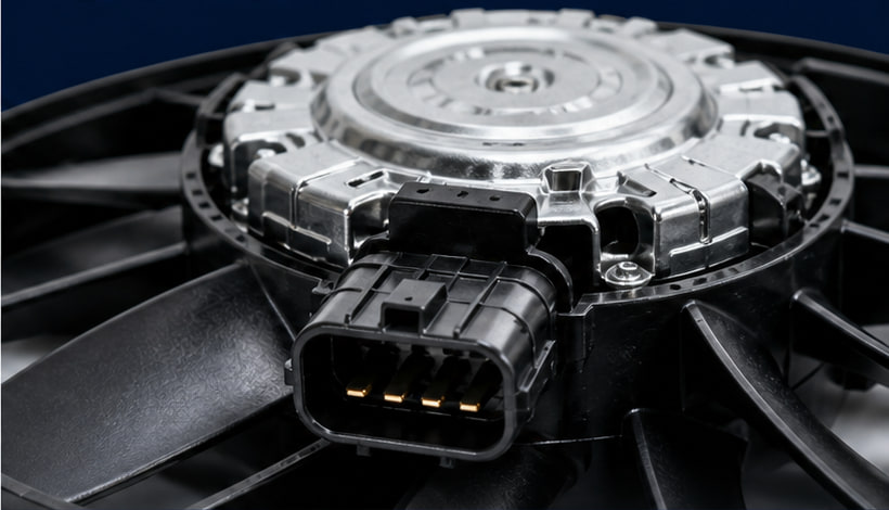 Close-up of a radiator axial cooling fan motor and four-pin connector