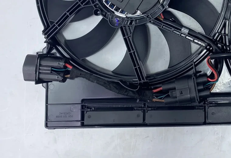 Cooling fan wiring connector and mounting detail