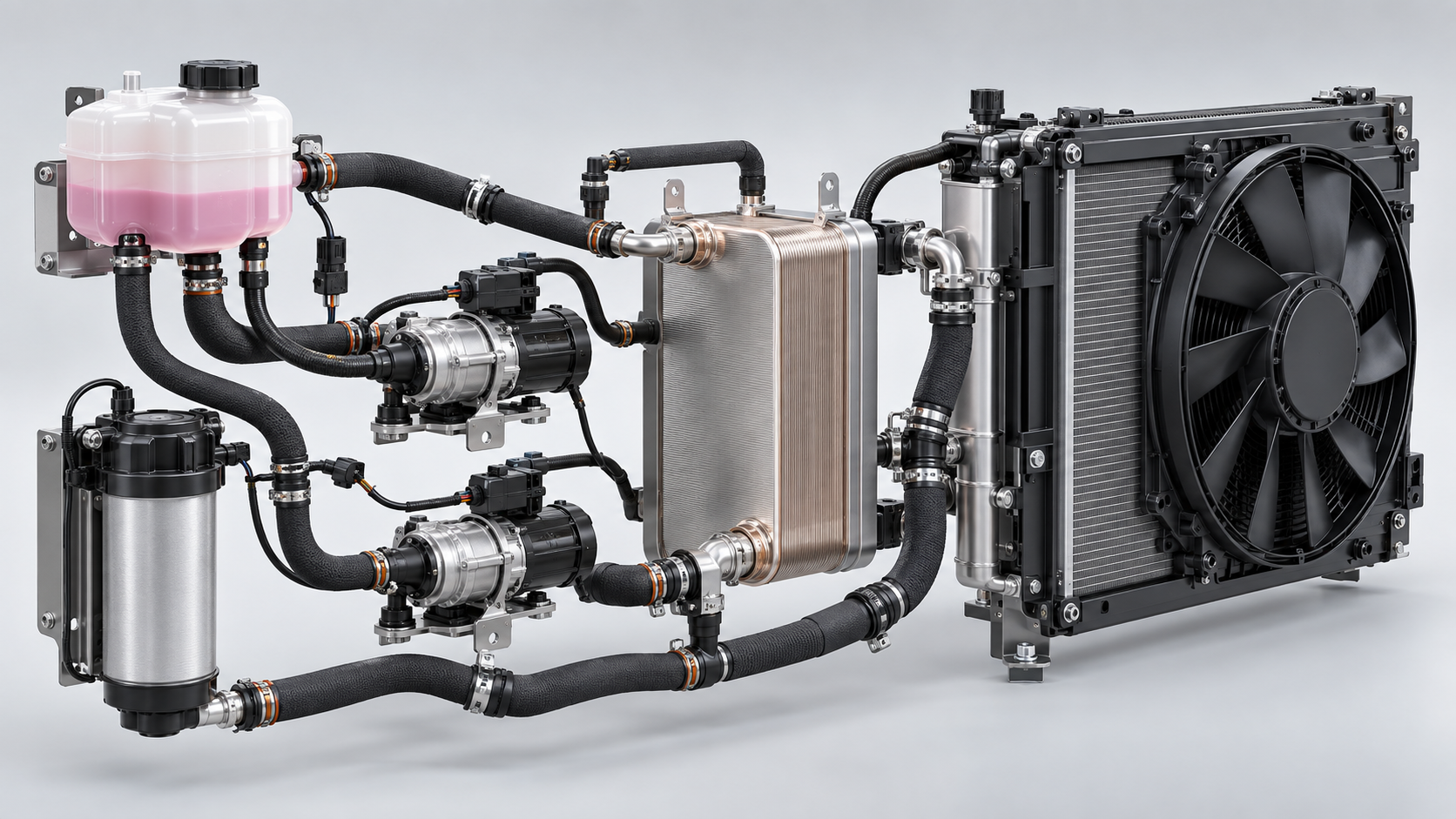 Fuel-cell stack cooling package with radiator, fans, pumps, reservoir, deionization, and heat exchanger