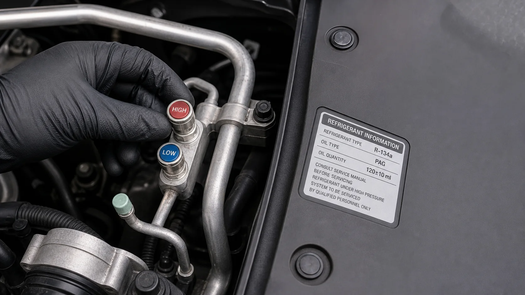Technician checking A/C service ports beside an underhood refrigerant information label