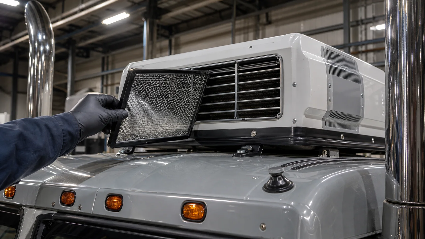 Technician inspecting the airflow screen on a truck rooftop HVAC unit