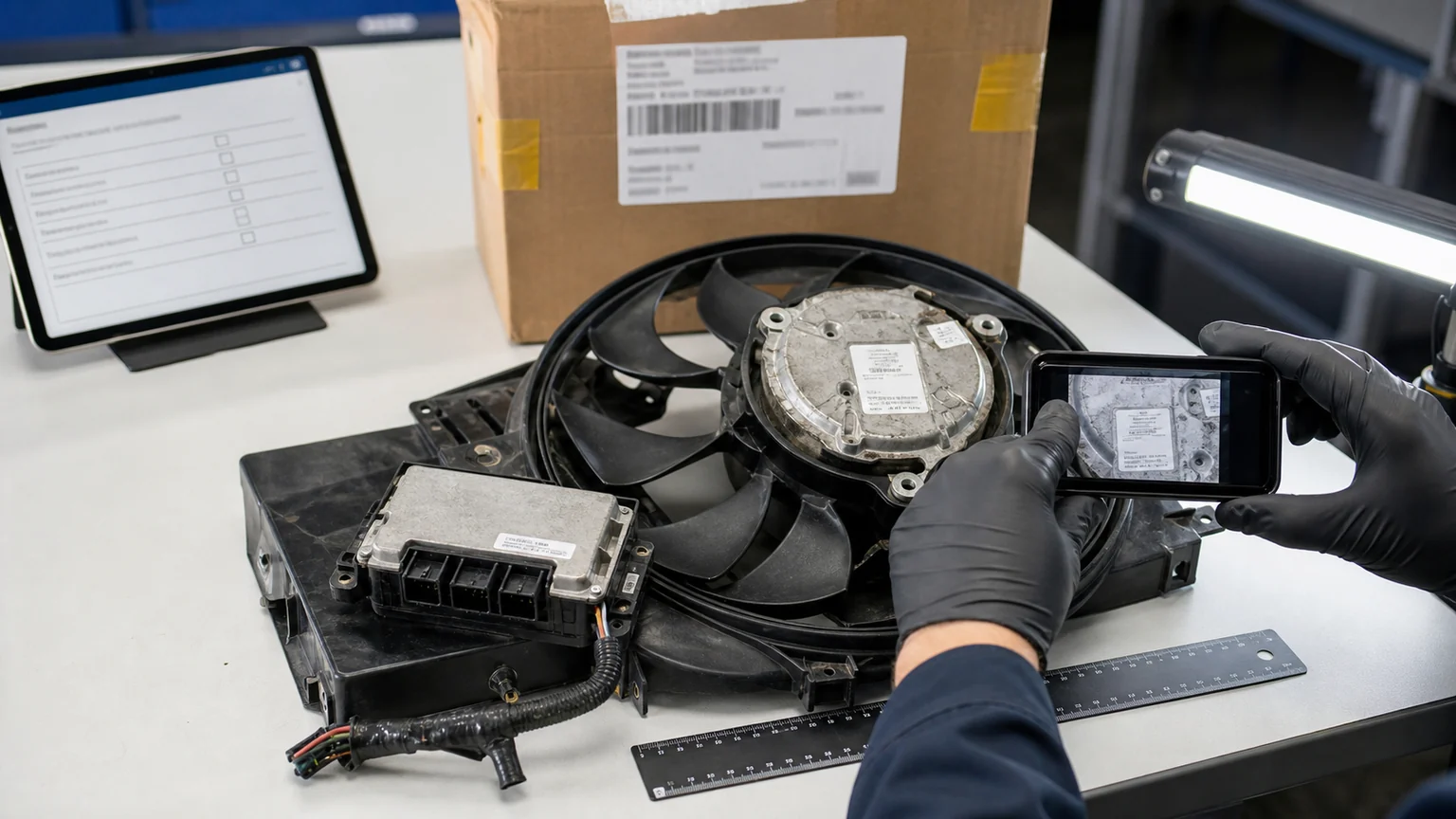 Photo evidence station documenting a returned radiator fan motor and control module