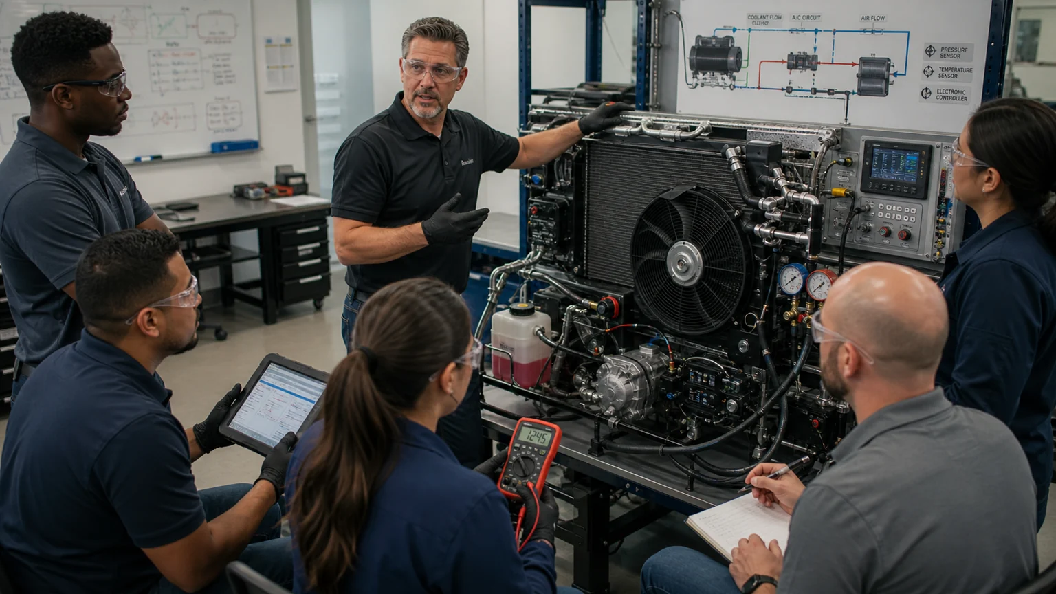 Distributor training class around an automotive thermal-management demonstration rig