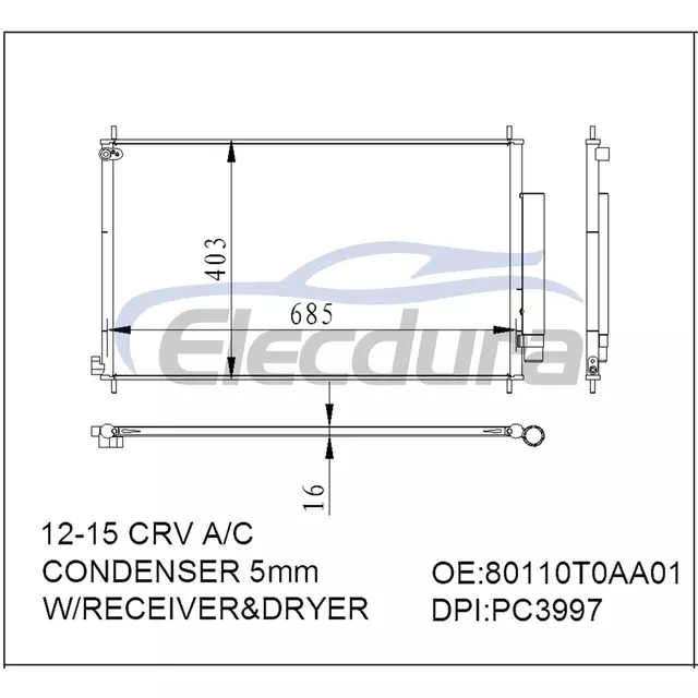 80110T0AA01 Honda Cr-V 2012-2015 A/C Condenser with Receiver/Drier 16mm Core
