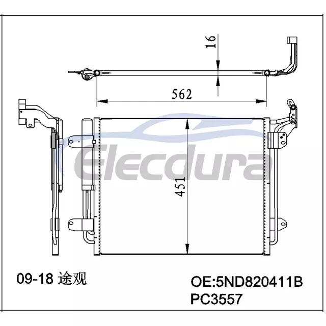 5N0820411C Volkswagen Tiguan 2009-2018 A/C kondenz&aacute;tor, 16 mm-es mag
