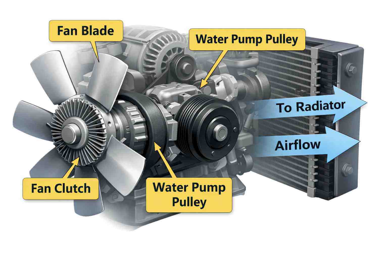 Fan clutch location in a belt-driven truck cooling system