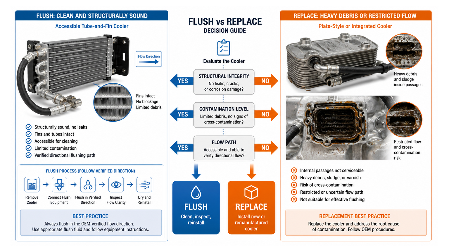 Flushable transmission cooler and clean fittings compared with a damaged contaminated cooler requiring replacement