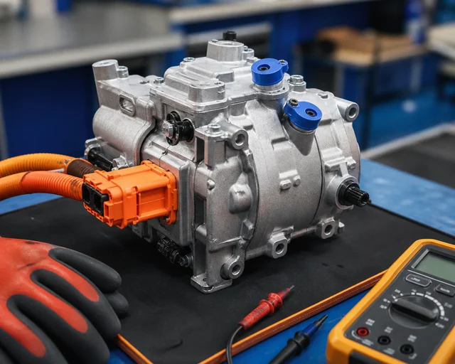 High-voltage electric AC compressor safety inspection with orange connector and insulated tools