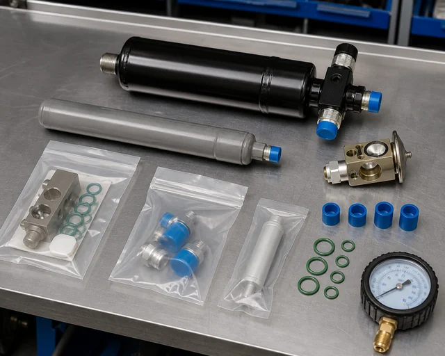 Receiver drier replacement kit layout with fittings O-rings and vacuum gauge for AC service