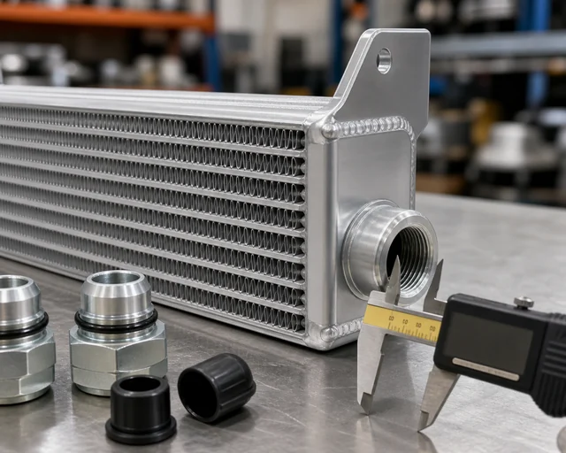 Hydraulic oil cooler port thread and mounting bracket measurement before supplier approval