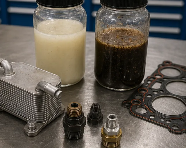 Oil cooler versus head gasket diagnostic fluid samples with contaminated coolant and oil residue
