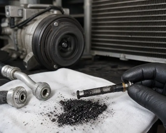 Black sludge and metal particles on an AC orifice tube screen during compressor black death diagnosis