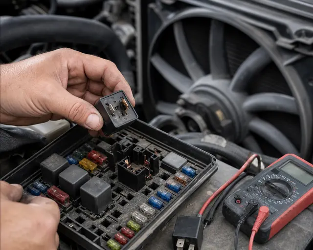 Technician inspecting a heat-damaged radiator fan relay socket and removed relay near the fuse box