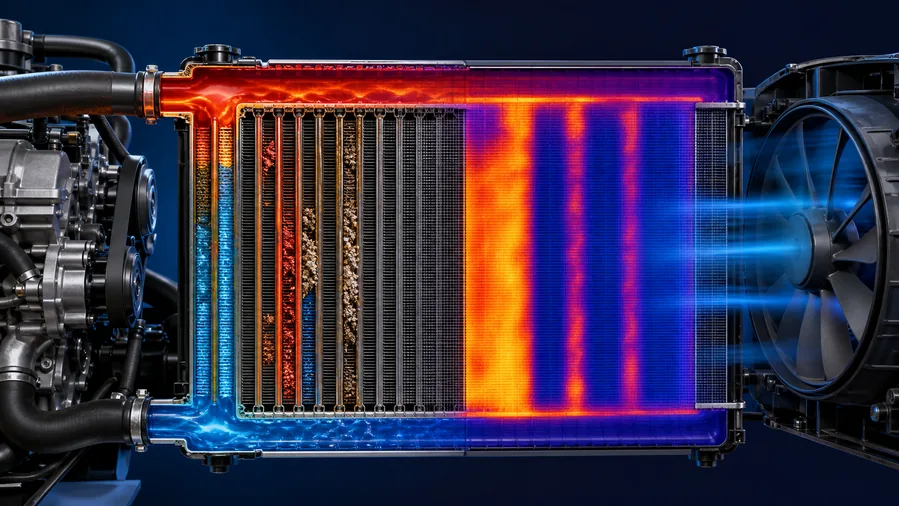 Radiator cutaway showing normal parallel coolant distribution and internally restricted tubes with bypassed cold sections