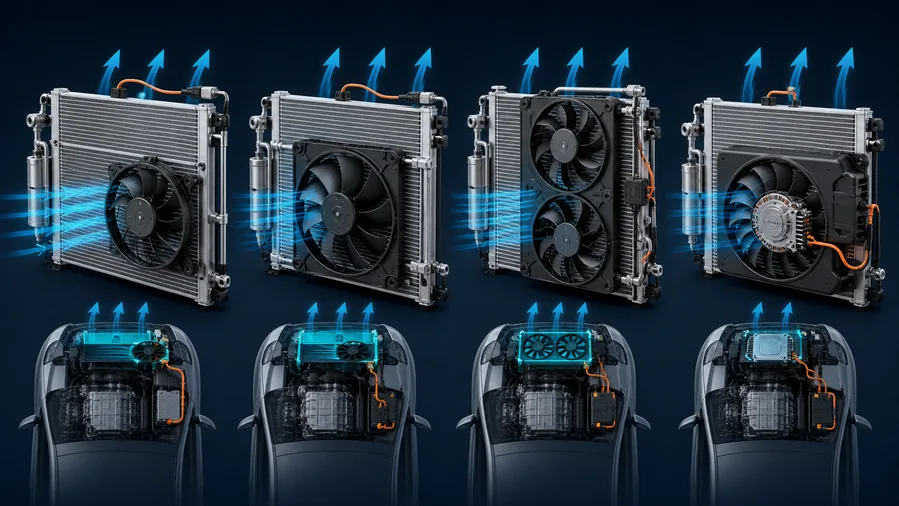 Automotive AC condenser cooling layouts comparing dedicated fan shared radiator fan and dual fan assembly